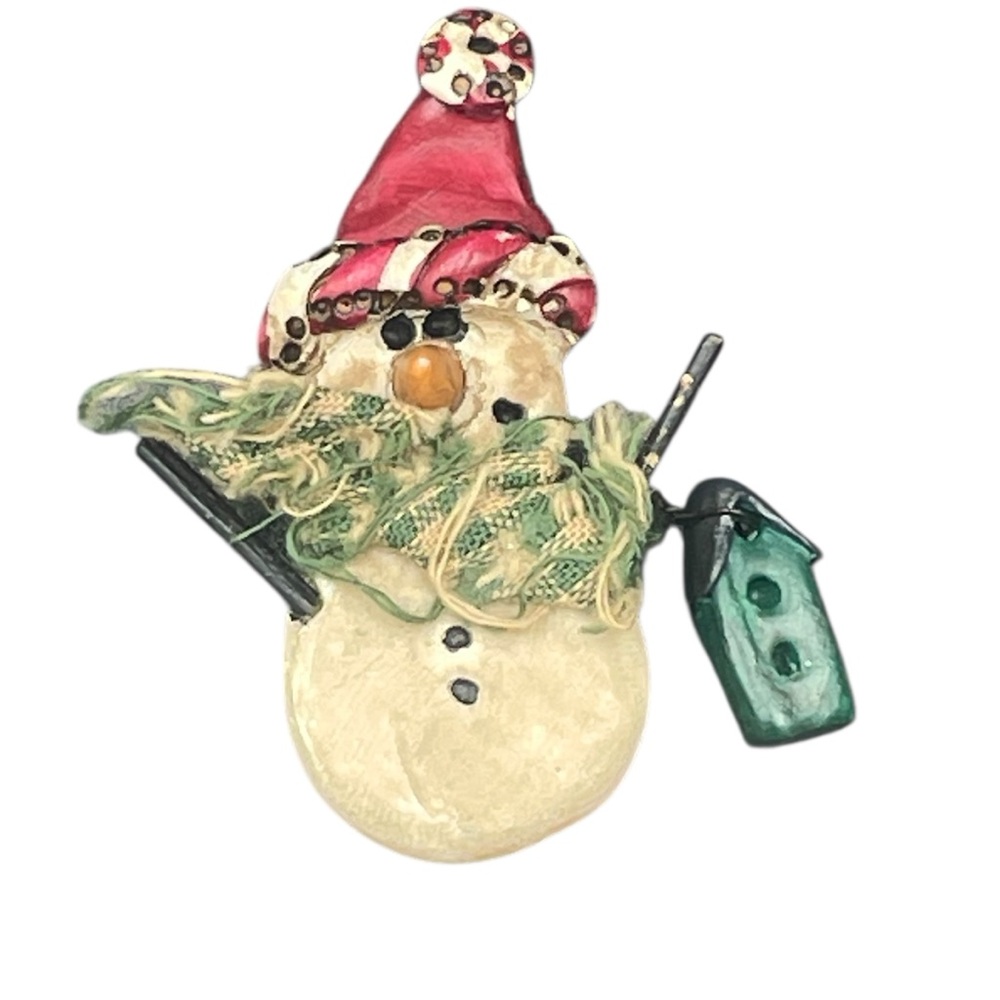Vintage Resin Snowman brooch Red Hat and Green Accents Christmas